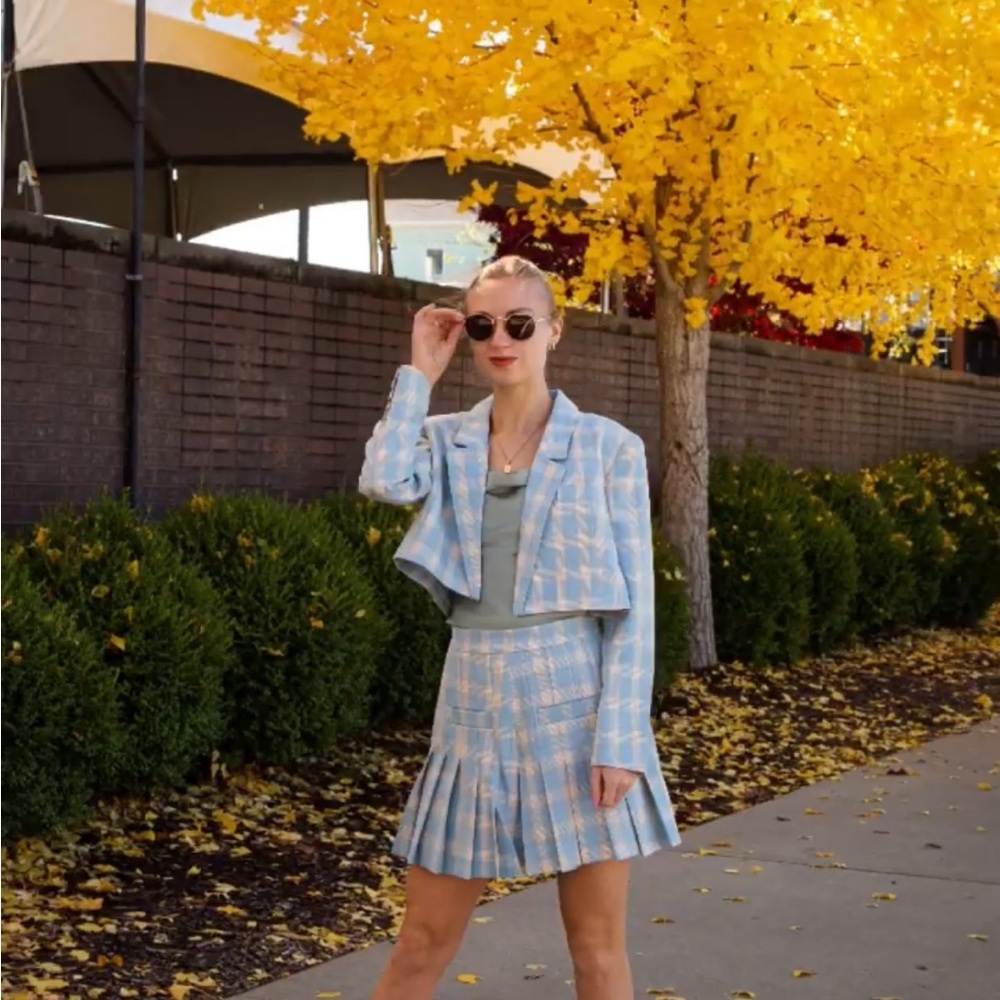Blue Plaid Women's Skirt & Blazer two piece set